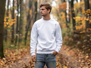 Thoughtful young man donning a white sweater stands amongst autumn leaves in a forest setting