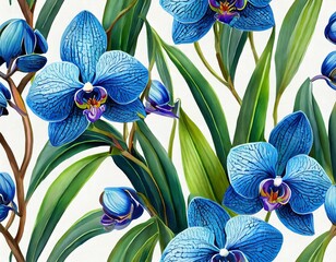 seamless pattern image of blue orchid flowers and green leaves on white background