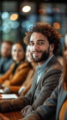 Obraz premium Diverse company employees having online business conference video call on tv screen monitor in board meeting room Videoconference presentation, global virtual group corporate train
