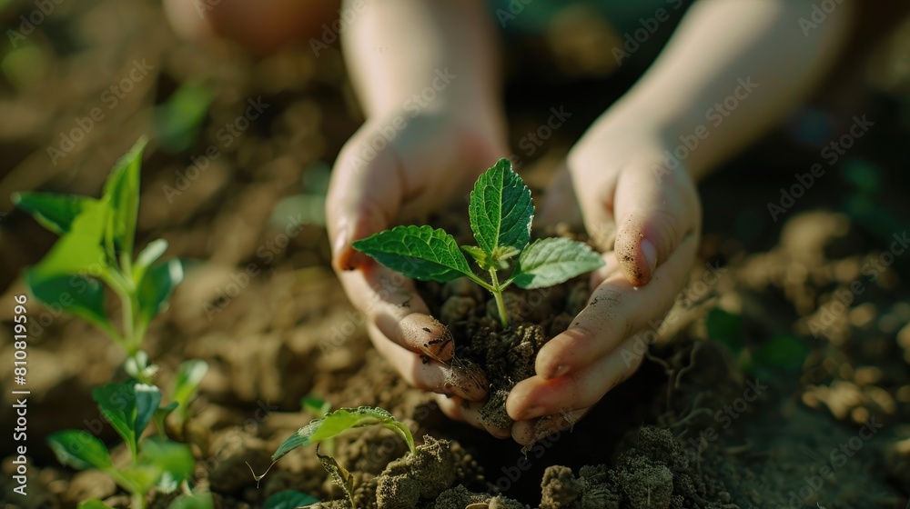 Wall mural On World Environment Day let s show our love for nature by planting trees and nurturing them like we do with a young green plant that child hands carefully hold Seedlings sprout from rich so