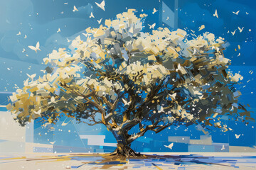 Abstract art of a large tree with flying white birds