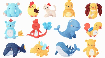 Modern cartoon set of cute fluffy playthings for children, including dog, cat, rooster, whale and octopus. Pets and wild animals isolated on white.