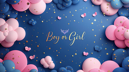 blue card with balloons art on borders He or she. Boy or Girl. gender party. Banner and poster, background with balloons on the ribbon. baby shower or birth announcement cards