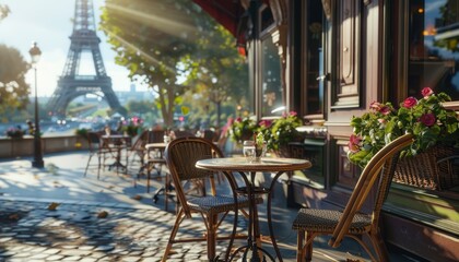 Obraz premium Tavolo all'aperto in un bar con vista sulla Torre Eiffel