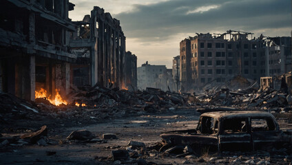 Apocalyptic aftermath, world's end, dystopian ruins, an extinction-level event.