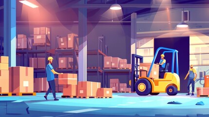 Animated illustration of workers loading cardboard boxes into forklifts. Business of freight distribution, logistics, and goods delivery. Cartoon modern banner showing workers in storage room at