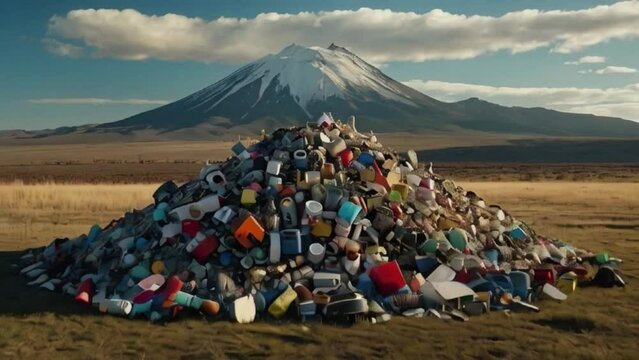 Metaphorical view of a mountain with a hill of garbage in front, mountain made of waste and plastics in front of a real mountain Generative AI