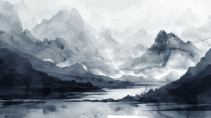 Ink and wash style painting of majestic mountains and river