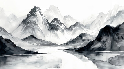 Ink wash painting of mountains and river in monochrome style