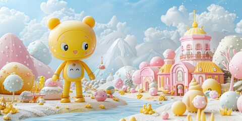 Obraz premium A quirky 3D-rendered factory run by cute robot workers mass-producing plush toys based on retro video game characters