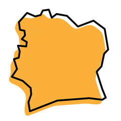 Ivory Coast country simplified map. Orange silhouette with thick black sharp contour outline isolated on white background. Simple vector icon