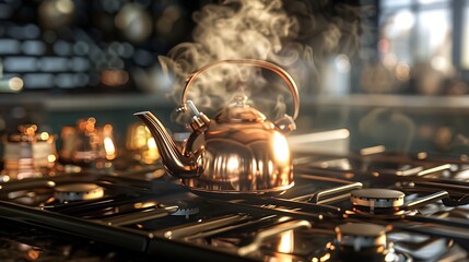 A shiny copper kettle sitting atop a gas stove, steam gently rising as it heats up for a soothing cup of tea