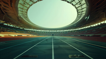 Sunlit sports track inside a vast modern stadium