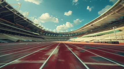 Sunny day at an empty modern sports stadium with running track
