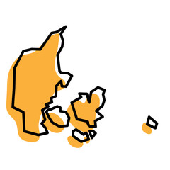 Denmark country simplified map. Orange silhouette with thick black sharp contour outline isolated on white background. Simple vector icon
