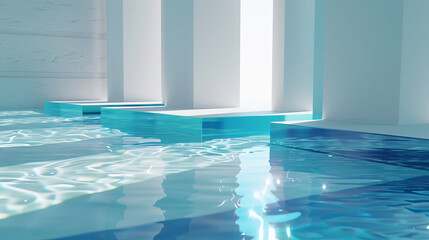 Modern minimalist blue interior with reflective water floor