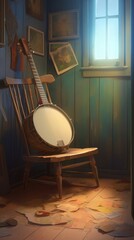 Naklejka premium A rustic banjo resting against a worn wooden chair in a cozy music room essential