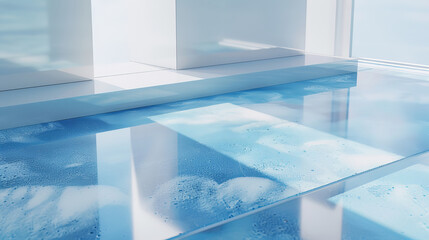 Modern minimalist interior with reflective blue flooring