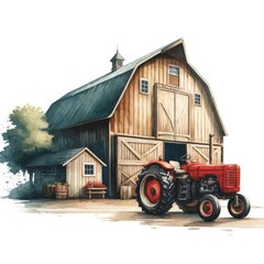 Red tractor in front of a barn