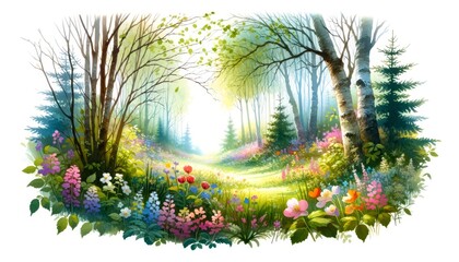 The image shows a beautiful spring landscape with a forest, flowers, and a path leading into the distance.