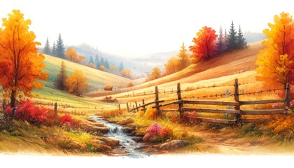 Rural autumn landscape with hills, trees and fence.watercolor,