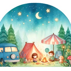 The family is camping in the forest. They have a tent, a campfire, and a picnic. The night sky is full of stars.watercolor,