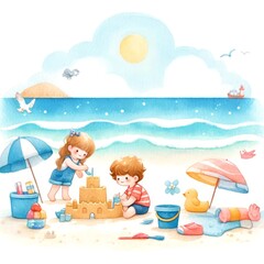 Two children are playing on the beach. They are building a sandcastle and having a lot of fun. The sun is shining, and the waves are crashing in the background.