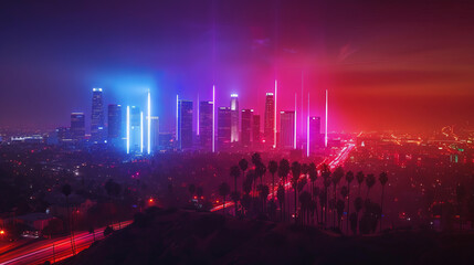 Futuristic Los Angeles skyline with neon lights at night