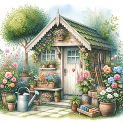 A watercolor painting of a garden shed surrounded by flowers and plants