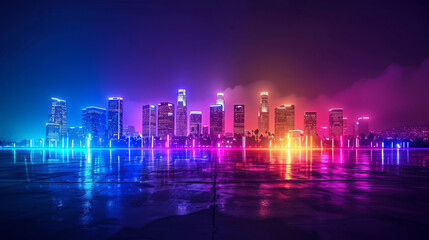 Vibrant neon-lit Los Angeles skyline on a misty night