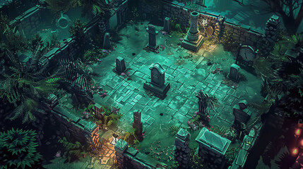 Mysterious graveyard with illuminated pathway in moonlight