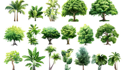 Different green trees and plants on white background