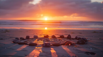 During the sunset on the beach ritual stones for a spiritual ceremony are gracefully arranged in a circle