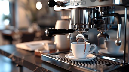 A sleek, modern espresso machine gleaming on the countertop, promising a perfect pick-me-up with every cup