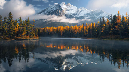 Autumn colors reflecting in a serene mountain lake