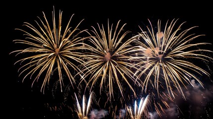 Happy New Year 2025. 2025 gold metal sign, dark background with fireworks.
