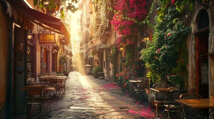 Fototapeta premium Vista Romantica di un bar sul vicolo fiorito italiano, con raggio di luce del tramonto