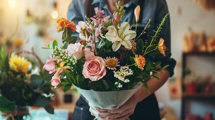 Florist making bouquet of beautiful flowers on light table 