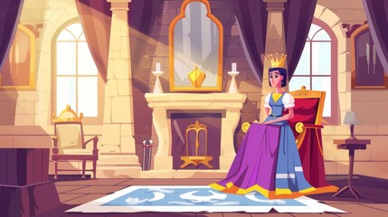 A queen sits in a palace, medieval throne room interior in gold and rich fabric, a person dressed in a fancy dress, a fairytale princess. Modern illustration for Kingdom computer game.