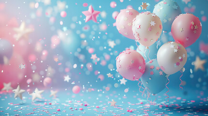 Blue and Pink Helium Balloons on blue abstract background for Gender Reveal Party, Event Decoration, Greetings, Invitations, Baby Shower, Holiday, Birthday, It's a Boy, It's a Girl