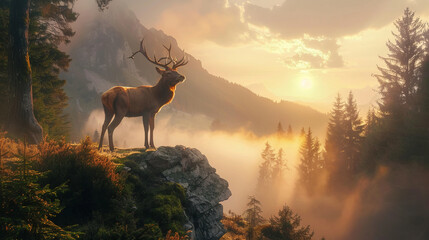 Majestic elk standing on a cliff during sunrise in forest