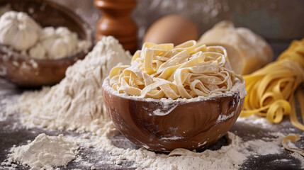 Flour dough and uncooked pasta on table