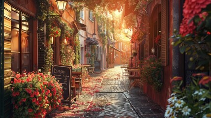 Fototapeta premium Vista Romantica di un bar sul vicolo fiorito italiano, con raggio di luce del tramonto