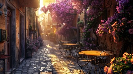 Vista Romantica di un bar sul vicolo fiorito italiano, con raggio di luce del tramonto