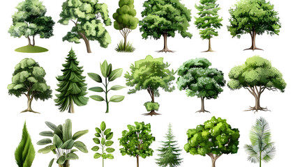 Different green trees and plants on white background