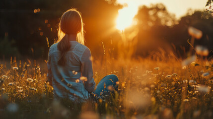 Woman enjoys sunset in a blooming meadow during summer