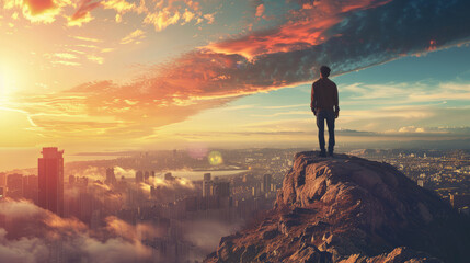 Man standing on mountain overlooking cityscape at sunset