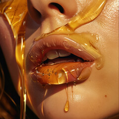 Obraz premium Beautiful young woman with golden lips makeup and manicure. Close-up.