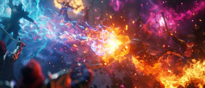 Gameplay of Fantasy RPG MOBA Video Game with Role Playing Characters Exercising Animated Magic and Lots of Explosions on Online Server.