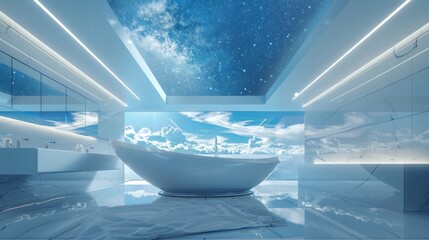 Futuristic bathroom design featuring a freestanding bathtub, immersive LED ceiling displaying a starry sky, and panoramic views of clouds.